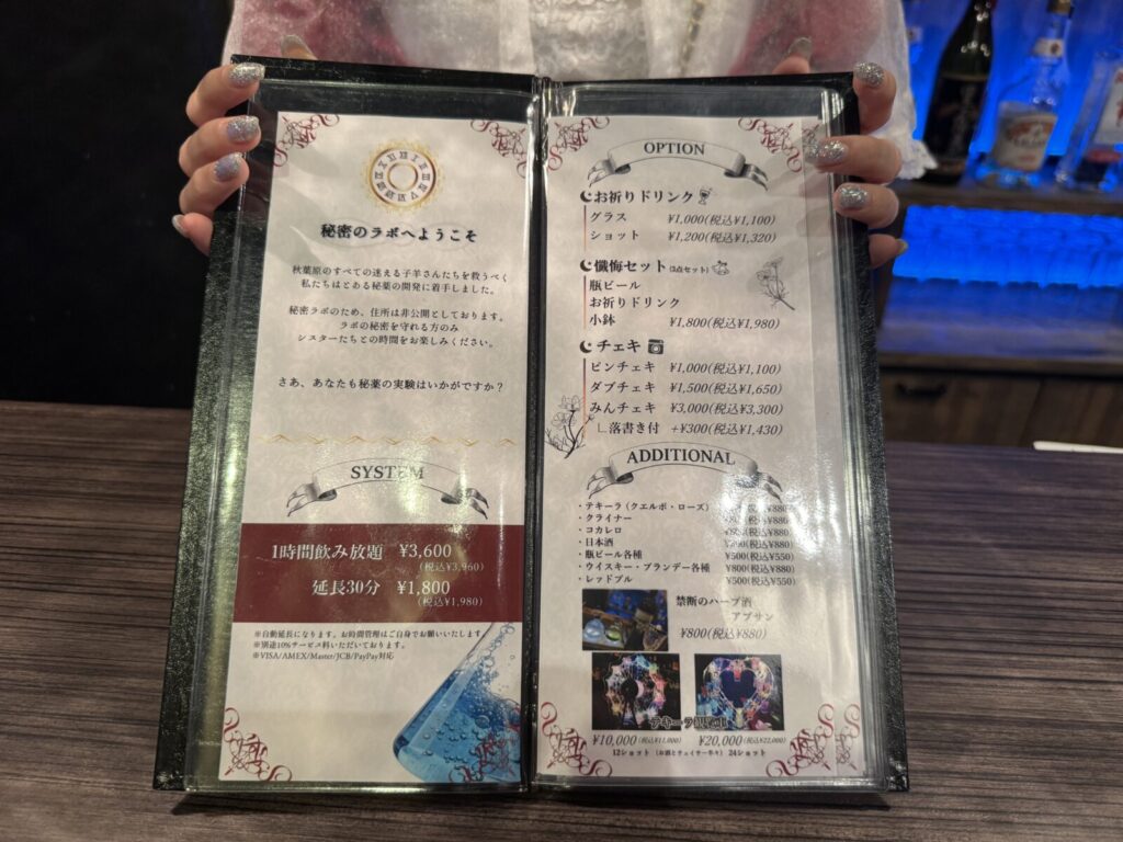 飲み放題やアクティビティが書かれたメニューページ